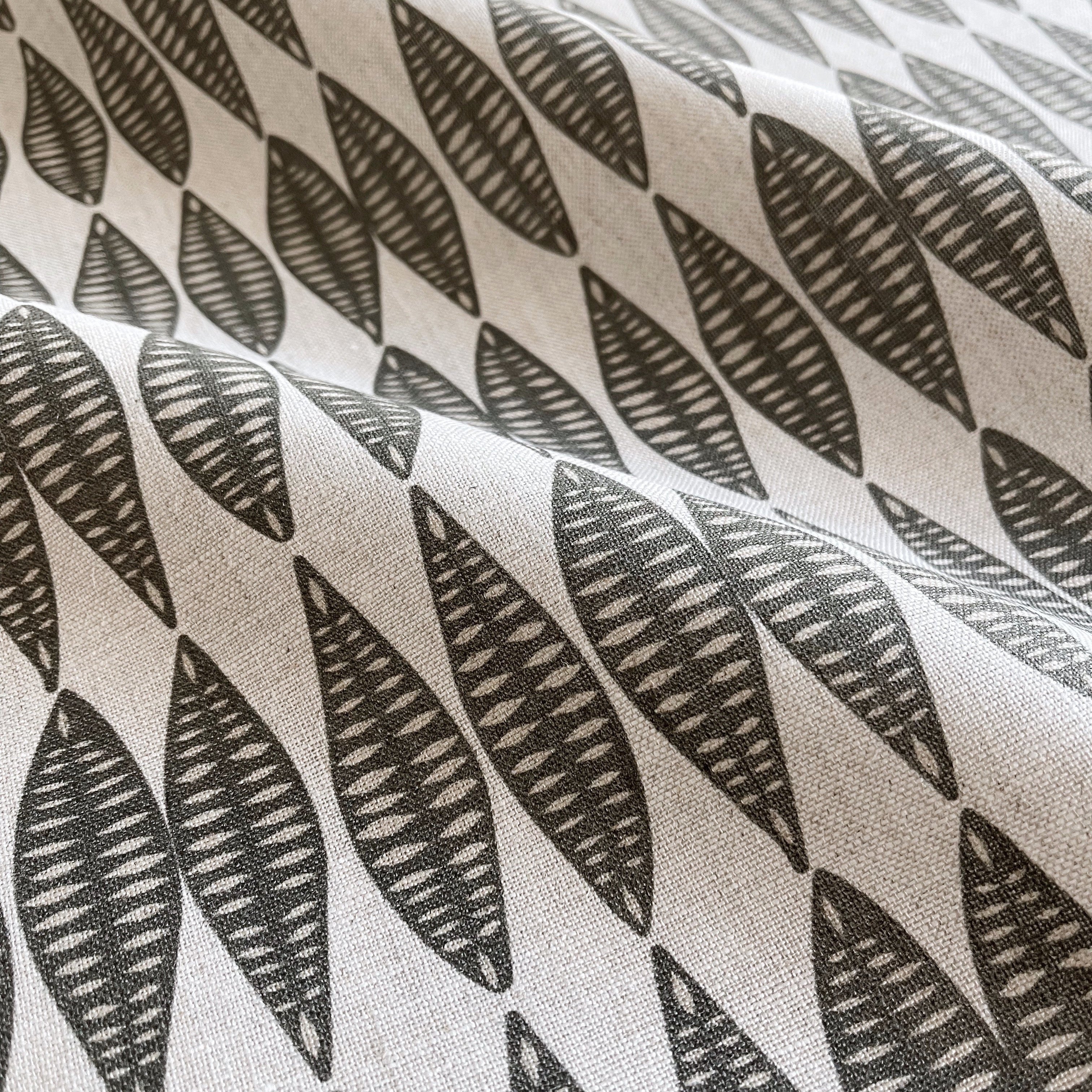 Leaflette fabric in Peppercorn by Emily Daws — close-up detail of Belgian linen, Flora Collection