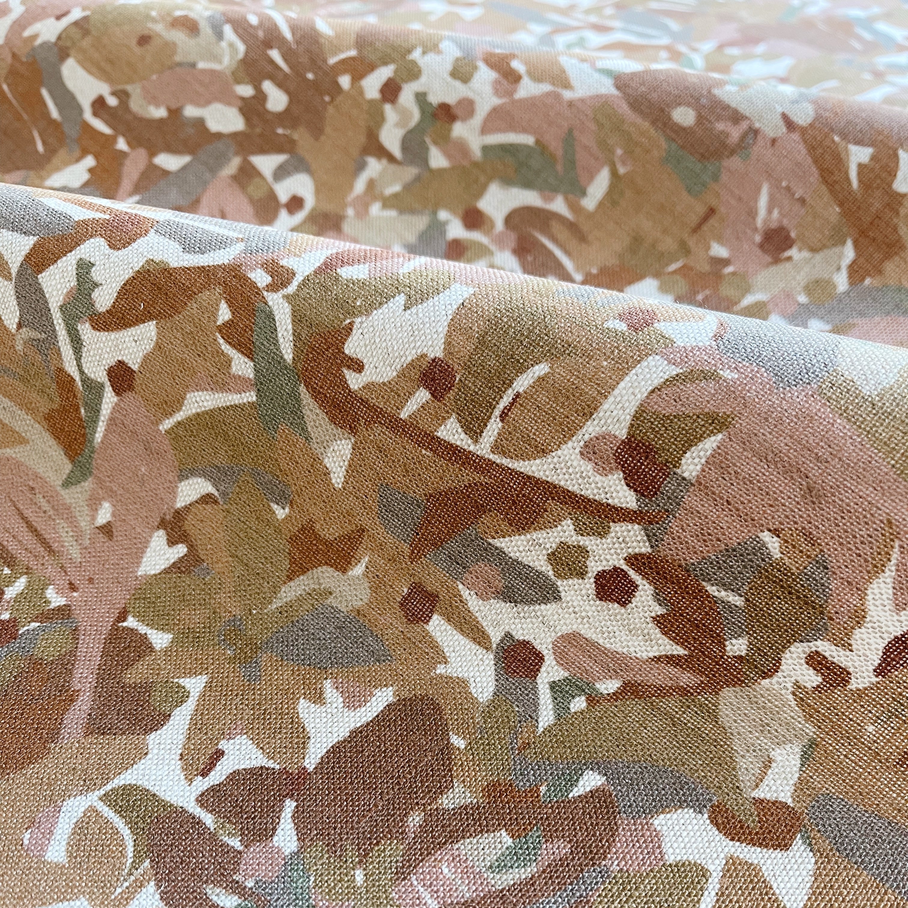 Thicket fabric in Autumn by Emily Daws — close-up detail of Belgian linen, Flora Collection